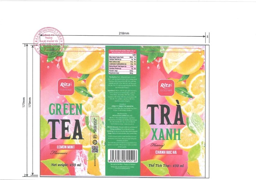 TRÀ XANH HƯƠNG CHANH BẠC HÀ-GREEN TEA DRINK WITH LEMON MINT FLAVOURS