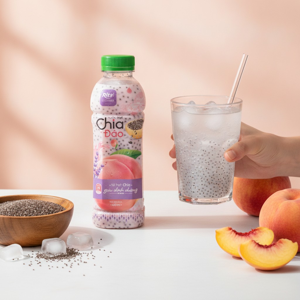 Nước hạt chia vị đào xuất khẩu: Ví dụ minh họa từ dòng sản phẩm chai 450ml